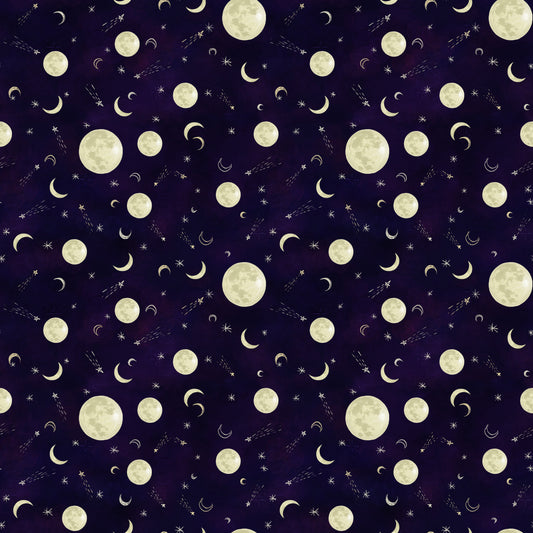 Midnight Rendezvous by Raquel Maciel Full and Crescent Moons Dark Purple 2902-59 Cotton Woven Fabric