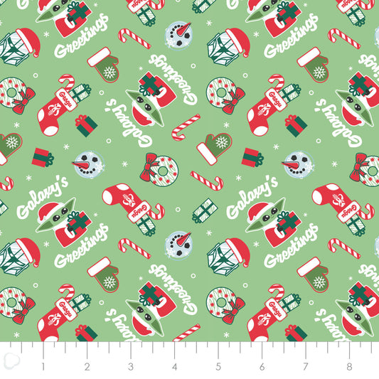 Licensed Character Winter Holiday IV Galaxy Greetings Toss Light Green     73800410-02 Cotton Woven Fabric