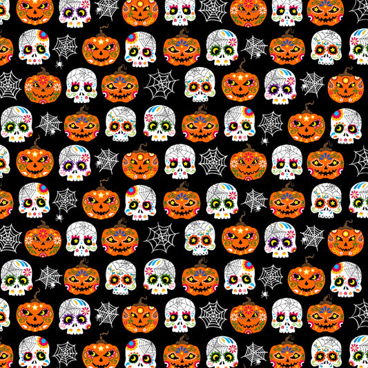 Trick or Treat Ghastly Greetings Black CX10334-BLAC Cotton Woven Fabric