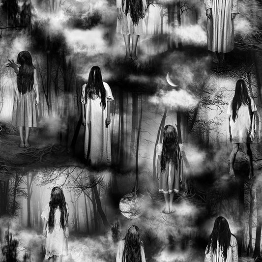 Wicked Ghost Girls Into The Wood Grey Creppe    CD2098-GREY Cotton Woven Fabric