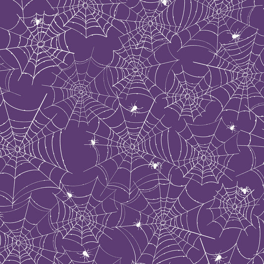 PREORDER ITEM - EXPECTED MAY 2024:  Toil & Trouble by Heatherlee Chan Collection Glow in the Dark Spiderweb Purple    Y4164-27 Cotton Woven Fabric