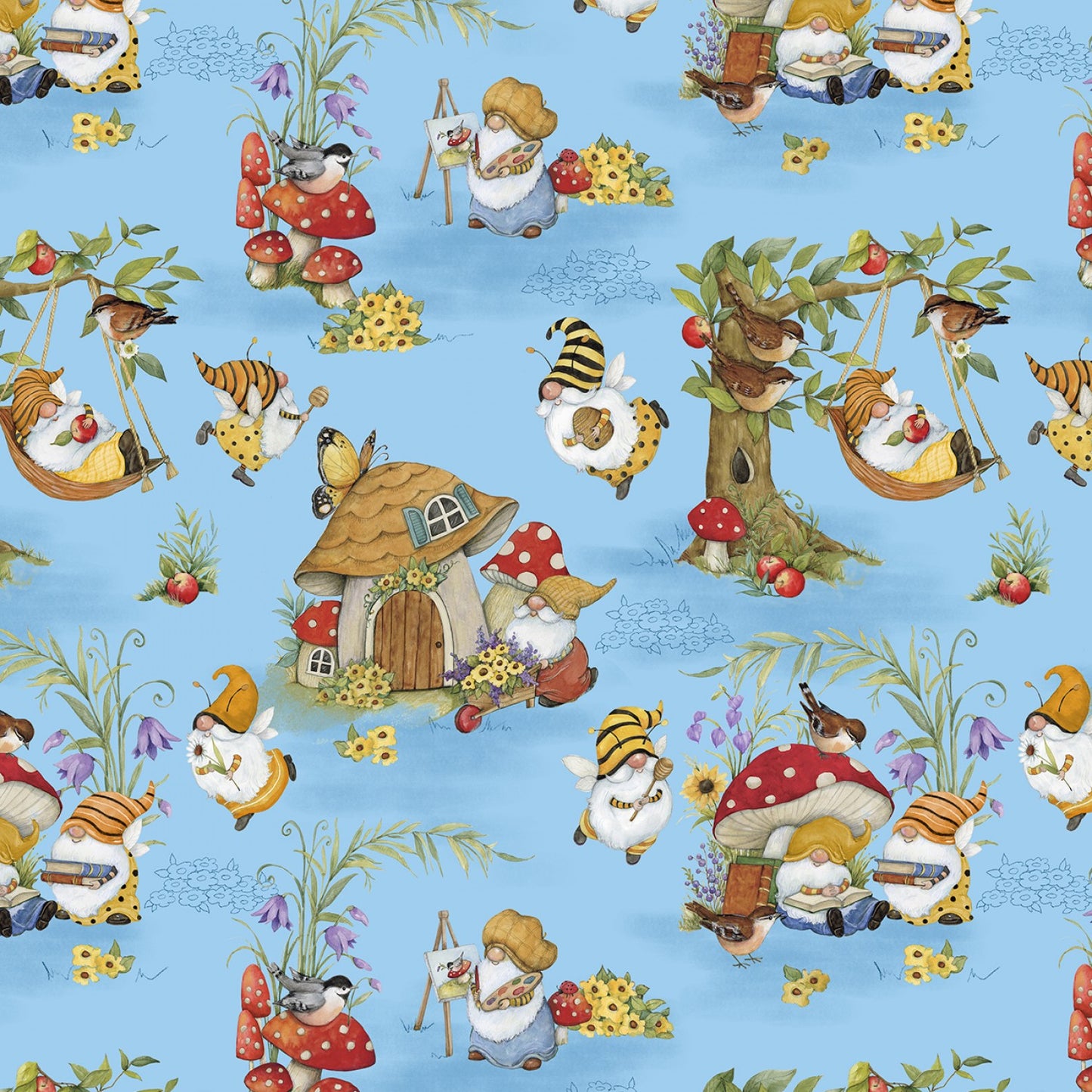 Buzzin with My Gnome-iezz by Susan Winget Gnomes Allover Blue    39837-453 Cotton Woven Fabric