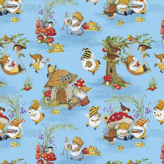 New Arrival: Buzzin with My Gnome-iezz by Susan Winget Gnomes Allover Blue    39837-453 Cotton Woven Fabric