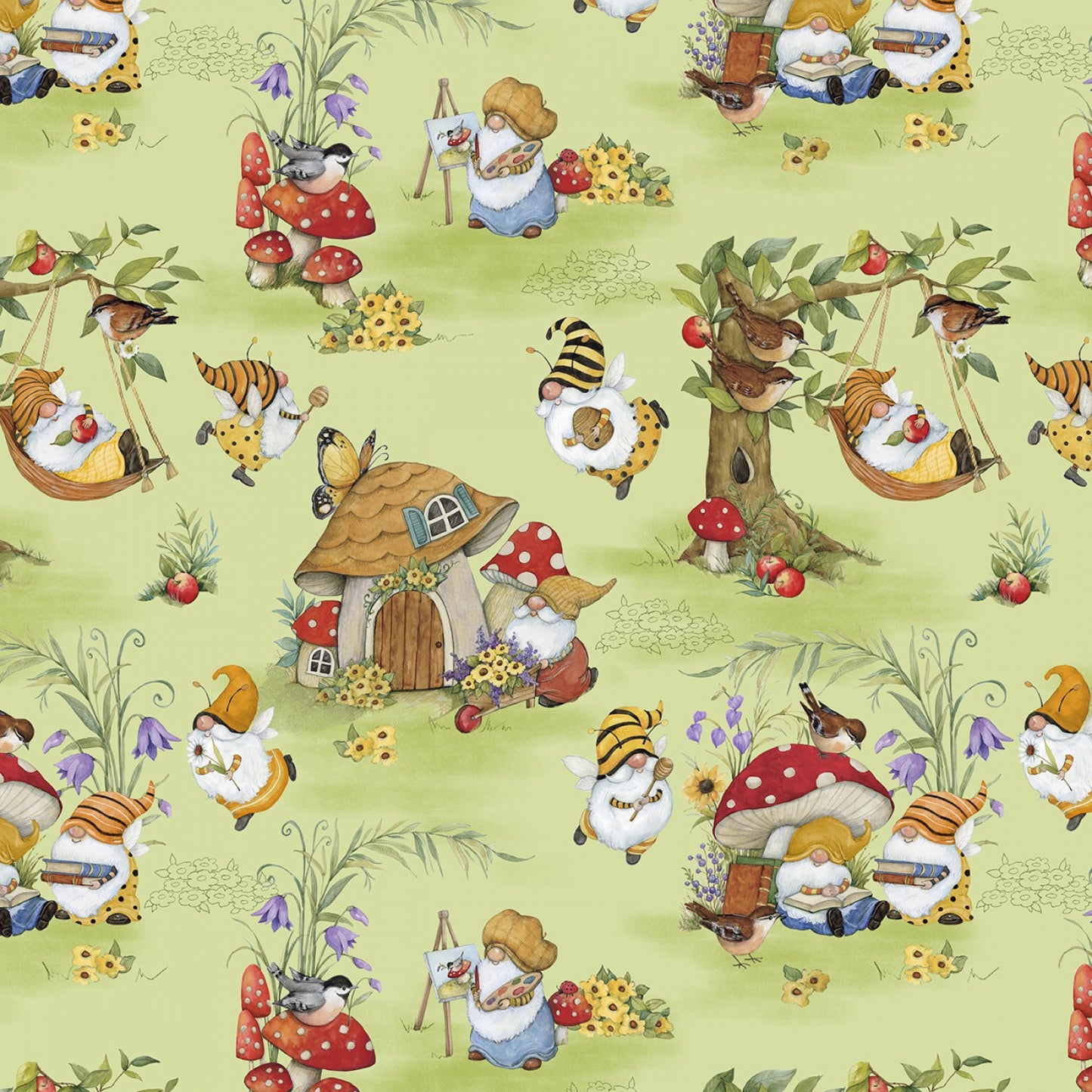 Buzzin with My Gnome-iezz  by Susan Winget Gnomes Allover Green    39837-753 Cotton Woven Fabric