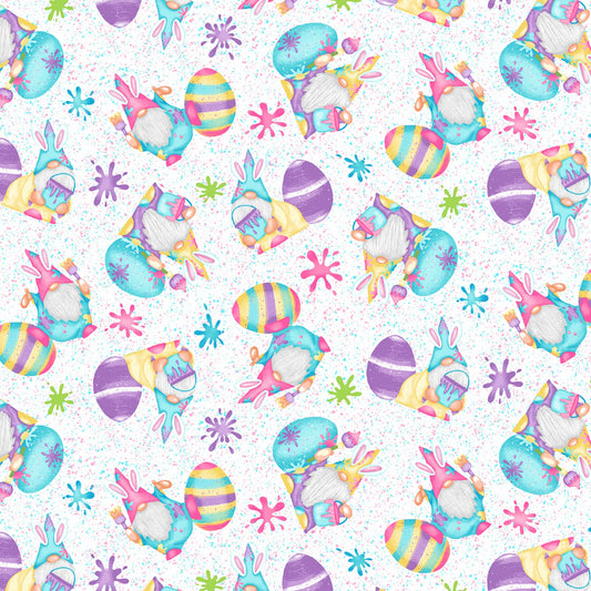 Hoppy Easter Gnomies by Shelly Comiskey Gnomes And Eggs Paint Splatter    560-25 Cotton Woven Fabric