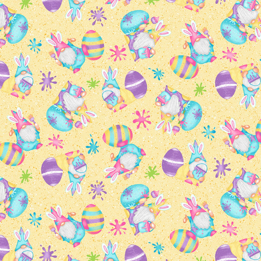 Hoppy Easter Gnomies by Shelly Comiskey Gnomes And Eggs Paint Splatter Yellow    560-44 Cotton Woven Fabric
