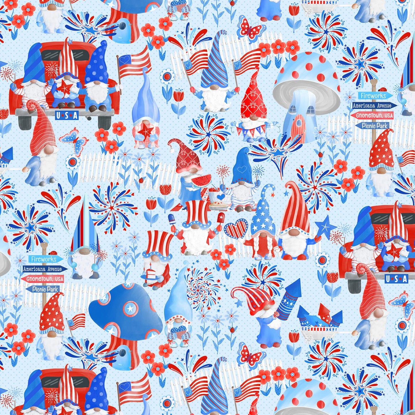 All American Gnomes by Andi Metz Gnometown USA Lt Blue    12722B-05 Cotton Woven Fabric