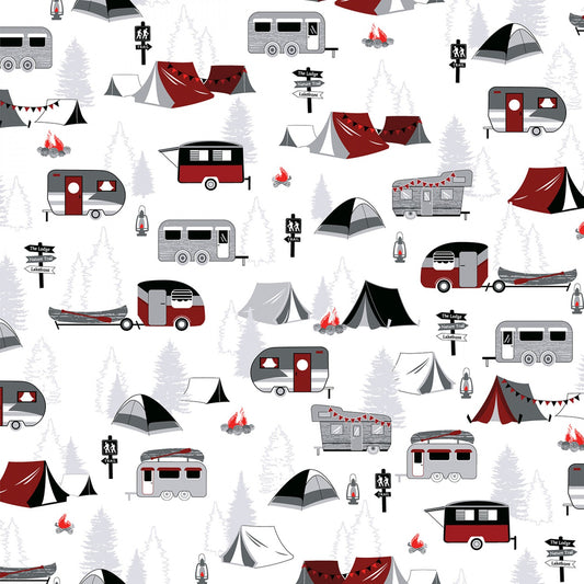 Great Outdoors Gone Camping White 12937B-09 Cotton Woven Fabric