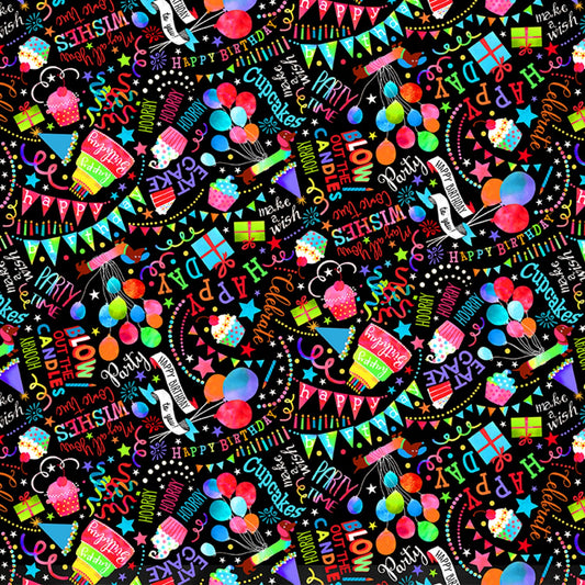 Party Animal Happy Birthday Wishes Black CD2069-BLACK Cotton Woven Fabric