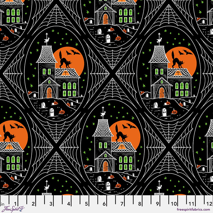 Scaredy Cat by Rachel Hauer Haunted House    PWRH026.BLACK Cotton Woven Fabric