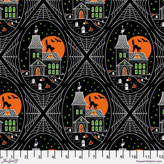 Scaredy Cat by Rachel Hauer Haunted House PWRH026.BLACK Cotton Woven Fabric