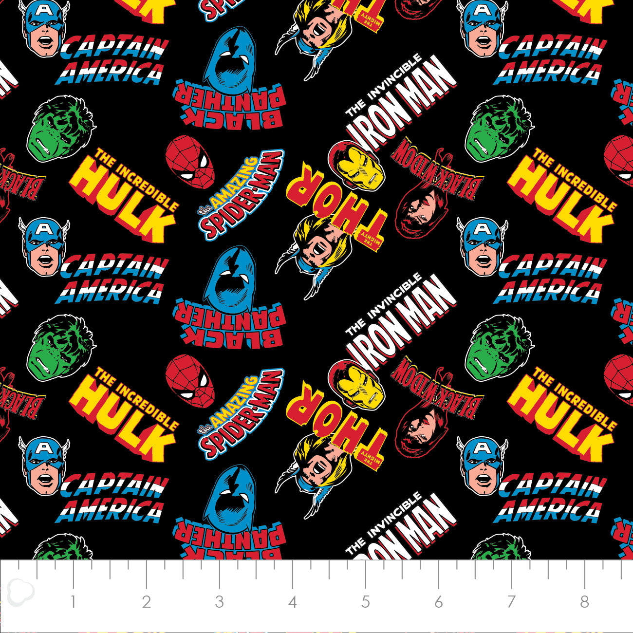 Licensed Marvel Comics Collection 4 Hero Toss Black 13020877-02 Cotton Woven Fabric