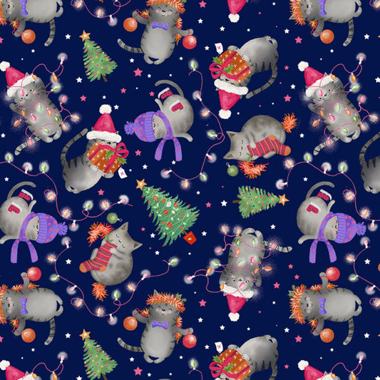 Christmas Cats Holiday Cats Navy    CD1803-NAVY Cotton Woven Fabric