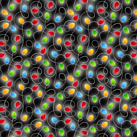 Merry Gnomeville Holiday Lights Pearlized Black    12577PB-12 Cotton Woven Fabric