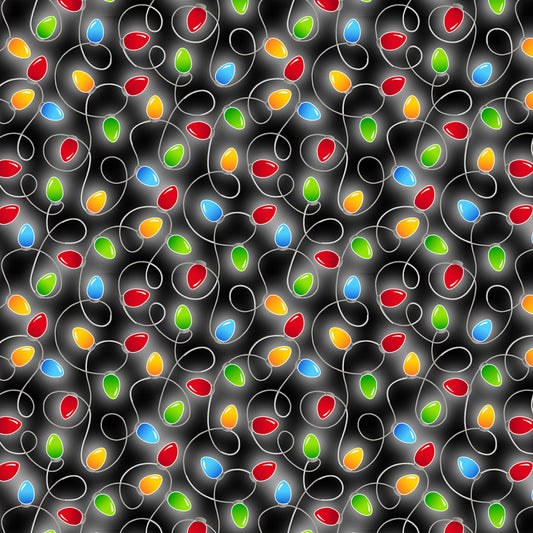Merry Gnomeville Holiday Lights Pearlized Black 12577PB-12 Cotton Woven Fabric