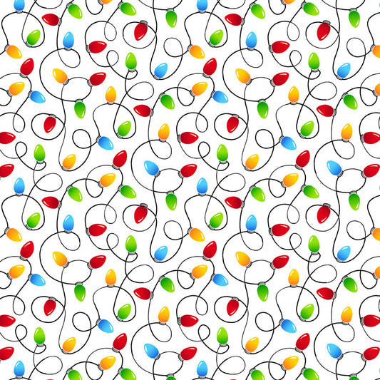 Merry Gnomeville Holiday Lights Pearlized White 12577PB-09 Cotton Woven Fabric