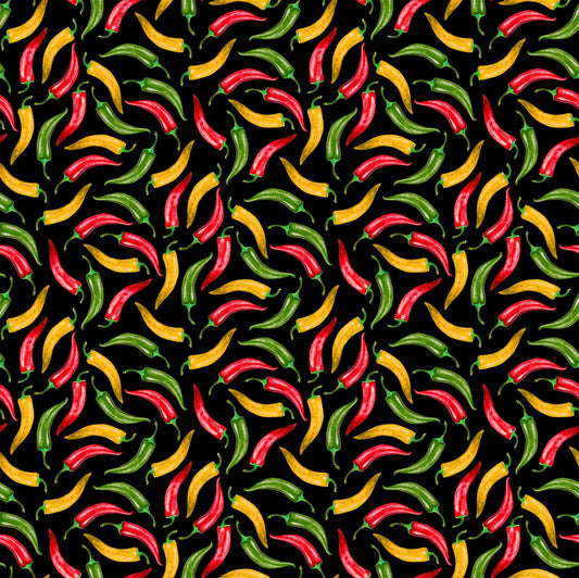 Smokin Hot Hot Peppers  Black    24809-99 Cotton Woven Fabric