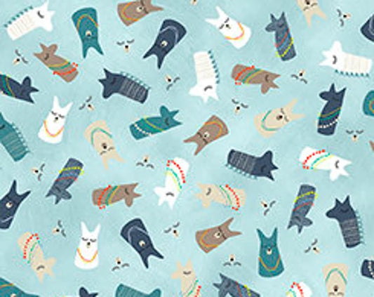 Alpaca Picnic Alpacas Faces on Aqua Cotton Woven