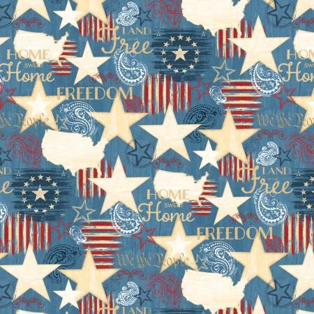 Color of Freedom by Jennifer Pugh Light Denim Large Stars and Stripes All Over 82464-423 Cotton Woven Fabric