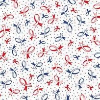 Ribbons of Hope Blue and Red Ribbons on White Cotton Woven Fabric