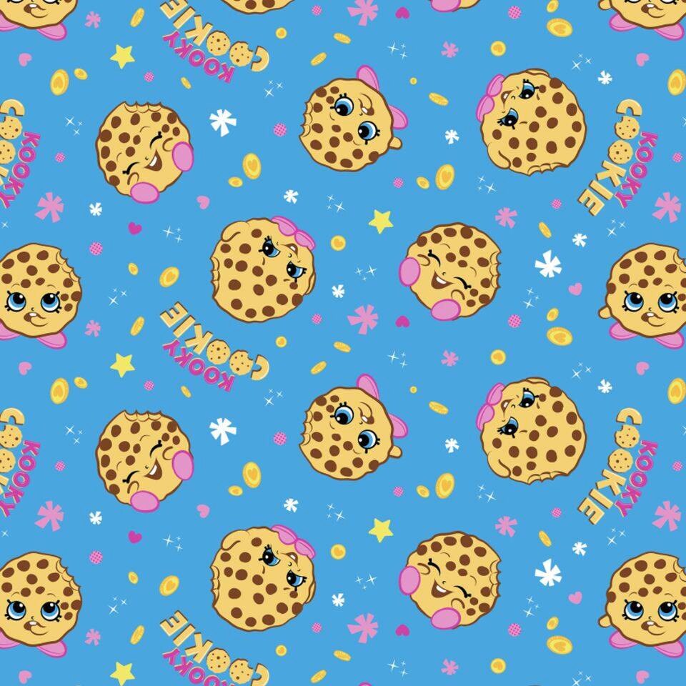 Licensed Shopkins Kookie Cookie on Blue Cotton Lycra Knit Fabric