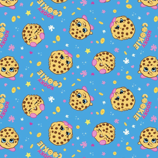 Licensed Shopkins Kooky Cookie on Blue Cotton Lycra Knit Fabric