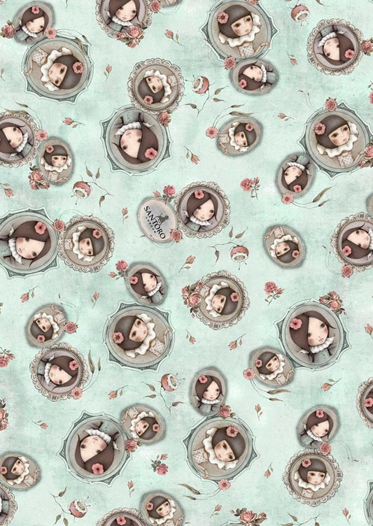 Licensed Santoro Mirabelle Curiosities, Lost and Found Teal Cameos 24705Q Cotton Woven Fabric