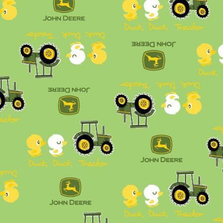 Licensed John Deere Tractors Duck Duck Toss on Green Cotton Woven Fabric