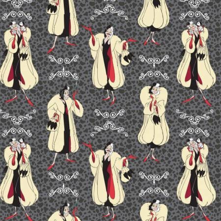 Disney's Evil Queens Cruella Deville on Carbon Gray 85130106-01 101 Dalmations Cotton Woven Fabric