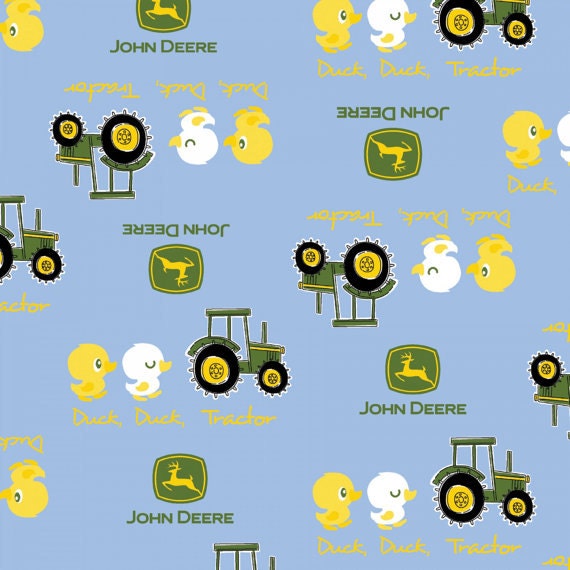 Licensed John Deere Tractors Duck Duck Toss on Blue Cotton Woven Fabric