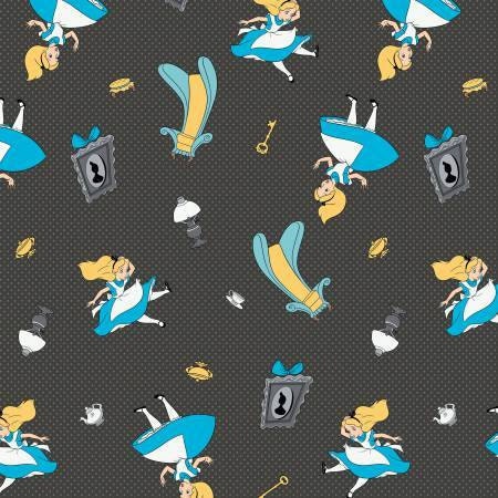 Alice in Wonderland Falling on Carbon Black Cotton Woven Fabric