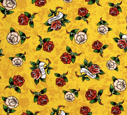 Licensed Love is True by Ed Hardy Roses Yellow Cotton Woven Fabric