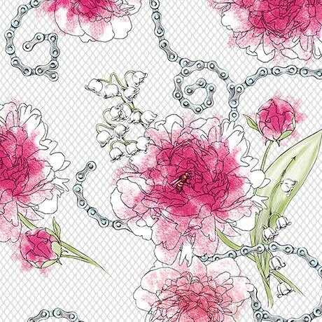 Sweet Rebellion by Felicia Gallo Peonies and Chains White Cotton Woven Fabric