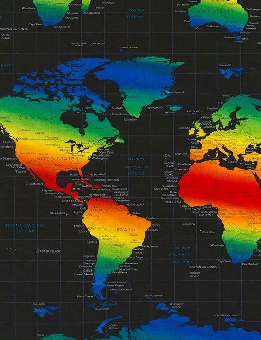 World Map Rainbow Colors Cotton Woven Fabric