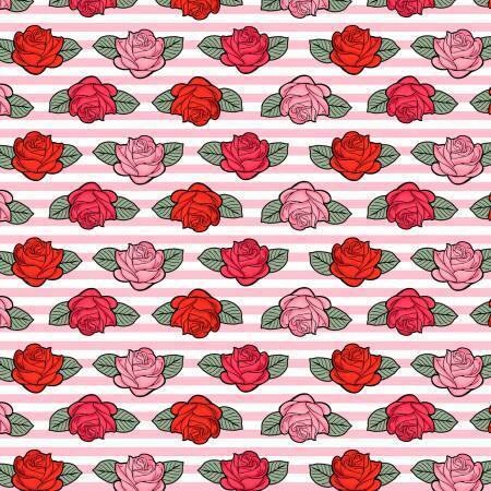 Punk Sugar Skulls Roses on Pink Stripes Cotton Woven Fabric