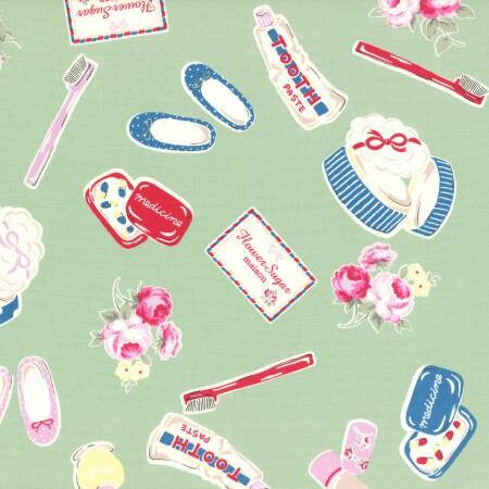 Flower Sugar Maison Fall 2016 Collection Toothbrush, Paste, Toiletries on Mint Cotton Oxford Fabric
