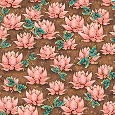 Yuna Calm Kimmidoll Waterlilies Dark Tan Cotton Woven Fabric