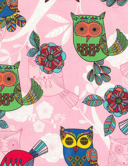 Owls on Pink 5552-Pink Cotton Woven Fabric