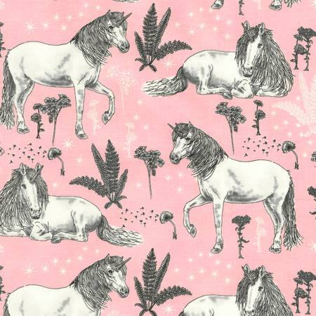 Sketched Unicorns on Pink Cotton Woven Fabric