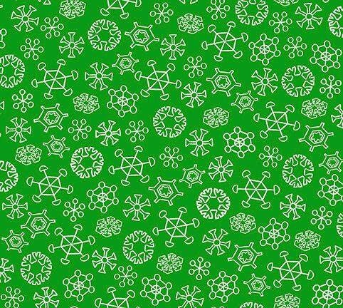 Everyone's Favorite Snowman and Rudolph Snowflakes on Green Cotton Woven Fabric