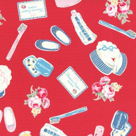 Flower Sugar Maison Fall 2016 Collection on Red Toothbrush, Paste, Toiletries Cotton Oxford Fabric