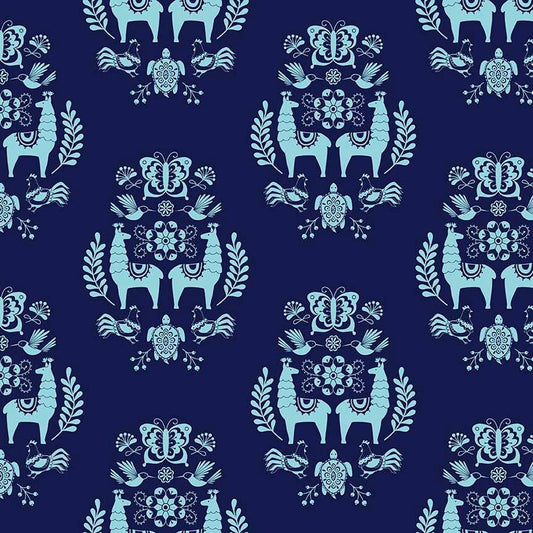 Juxtaposey by Betz White Navy Posey Llama Medallion Cotton Woven Fabric