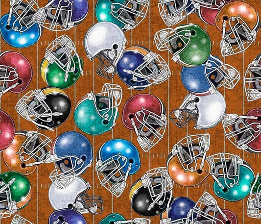 Gridiron Helmets on Brown 26176A Cotton Woven Fabric