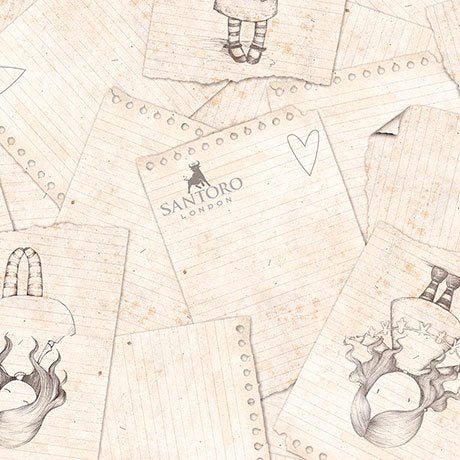 Santoro's Gorjuss Letters from the Heart 24993E  Heart Sketches on Ecru Cotton Woven Fabric