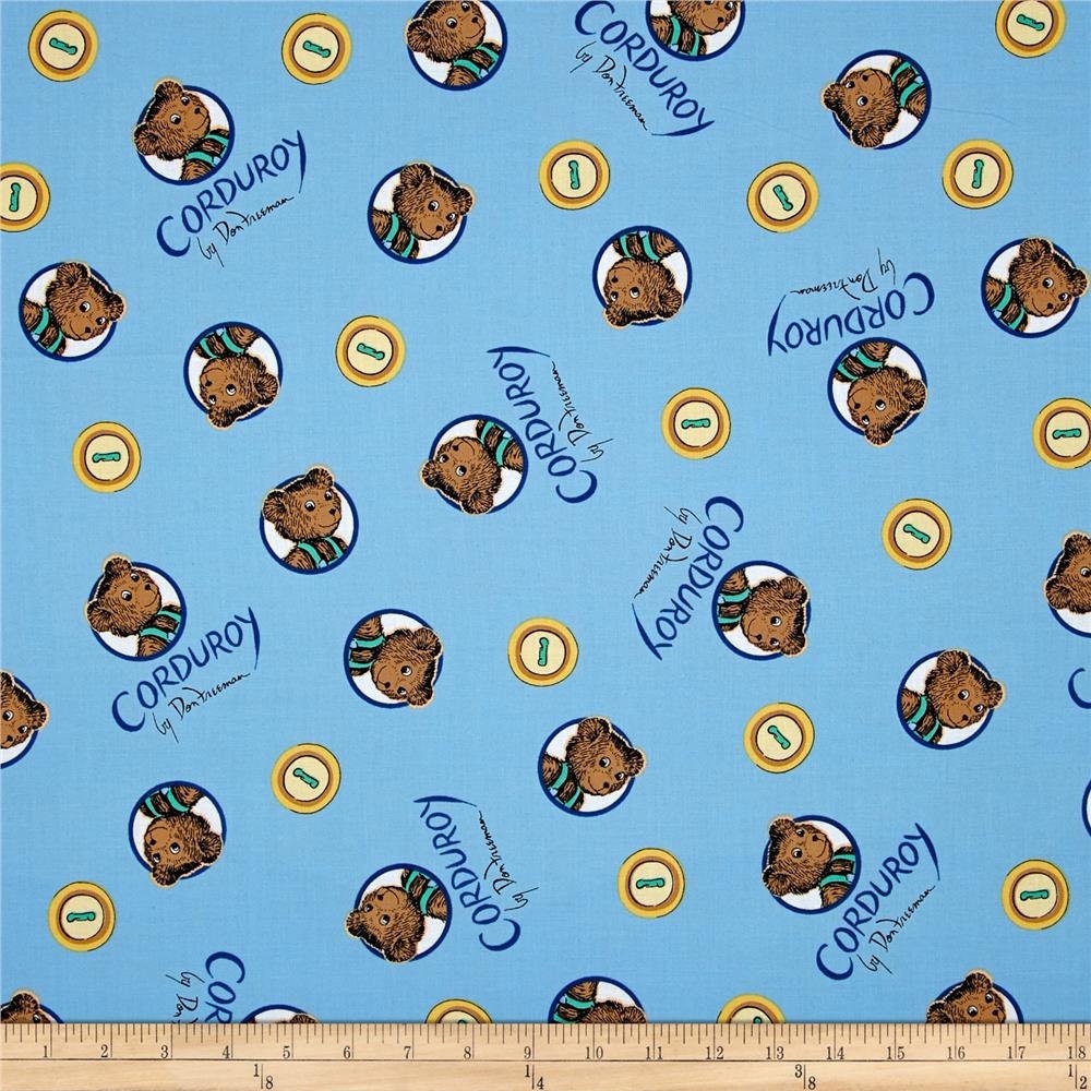 Corduroy Bear and Buttons on Blue 157202 Certified Organic Cotton Woven Fabric