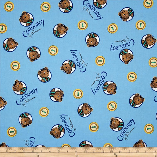 Corduroy Bear and Buttons on Blue 157202 Certified Organic Cotton Woven Fabric