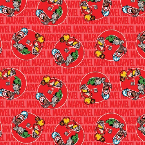 Kawaii Heroes on Red Cotton Woven Fabric