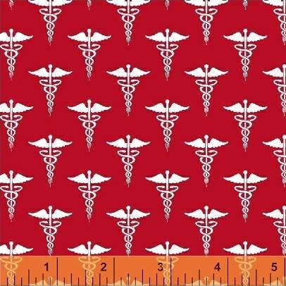 Calling All Nurses 37306-4 Nurse Symbol on red cotton woven fabric