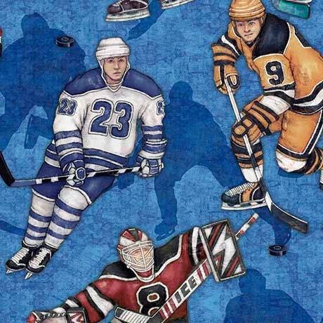 Face Off by Dan Morris Hockey Players on Blue Cotton Woven