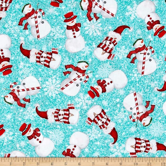 Sweet Season Snowmen Toss Aqua 24505Q Cotton Woven Fabric